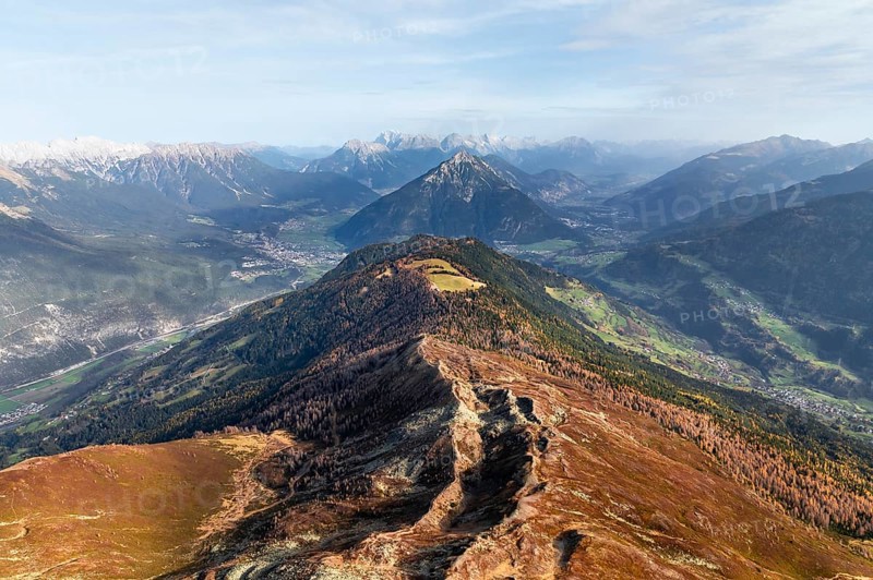 Kreuzjoch summit, view of Tschirgant summit and the Oberinntal valley and into the Pitztal valley, in autumn, Venet crossing, Ötztal Alps, Tyrol, Austria, Europe