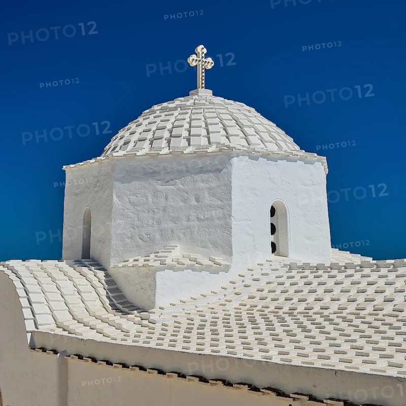 Cross-domed church Diasososuan, detailed view of a white church with dome under a bright blue sky, Chora, Old Town, Patmos, Dodecanese, Greek Islands, Greece, Europe