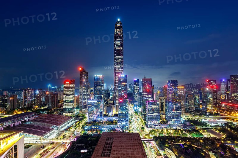 Shenzhen skyline with skyscrapers city centre downtown at night in Shenzhen, China, Asia