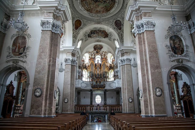Church, baroque basilica St. Mang, interior view, organ, Füssen, Ostallgäu, Bavaria Germany