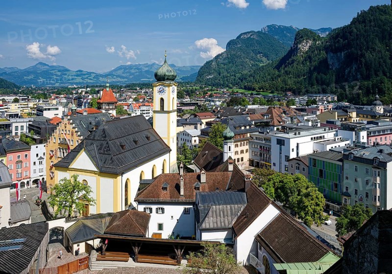 View of Kufstein from Kufstein Fortress with the Gothic parish church of St Vitus in Kufstein, Kufstein, Tyrol, Austria, Europe