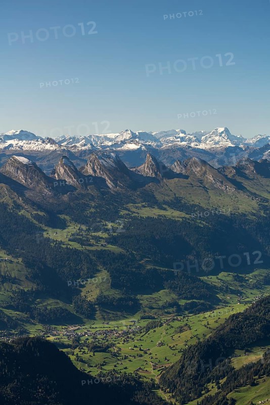 View from the alpine peak Säntis to the Appenzell Alps, 2505m altitude, Schwägalp, snow-covered mountain range, Urnäsch, Canton Appenzell, Ausserrhoden, Switzerland, Europe