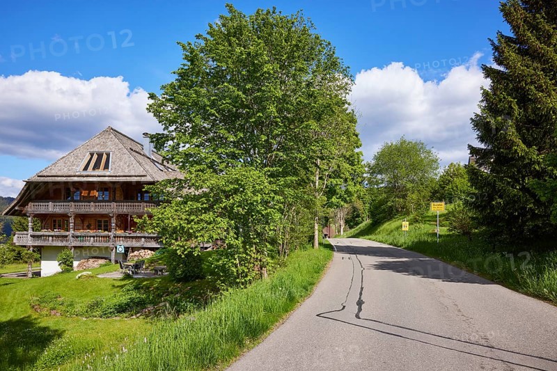 Entrance to the village with Black Forest house, road and village entrance sign to the Oberlehen district, Bernau im Black Forest, Black Forest, Waldshut district, Baden-Württemberg, Germany, Europe