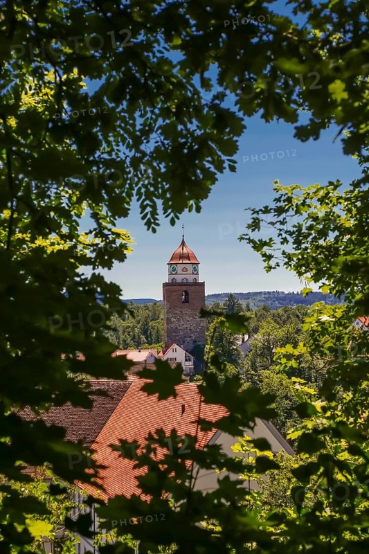 View of the Römerturm, Oberstadtturm, Oberer Turm, Hoher Turm, built on the remains of the first castle of Haigerloch, humpback ashlar from around 1100, upper storey octagonal structure from 1744-1746, master builder Christian Beyer, historical building, Haigerloch, Zollernalbkreis, Baden-Württemberg, Germany, Europe