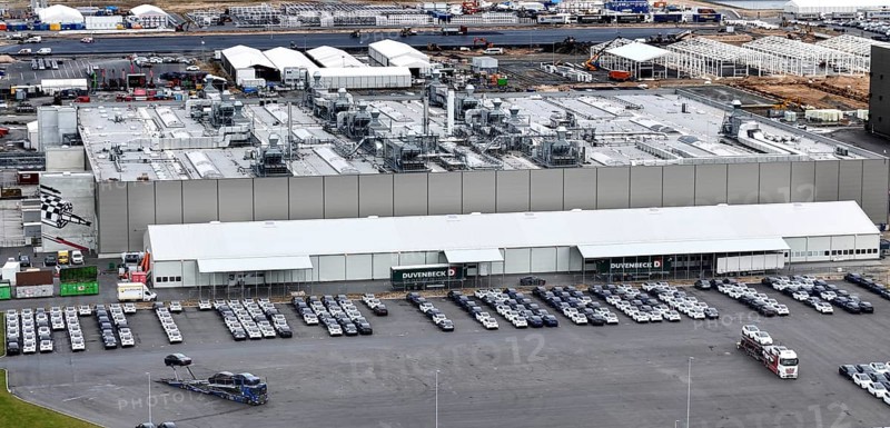 Tesla Y new cars are loaded onto car transporters at the Tesla Giga Factory, Grünheide, 25.09.2024., Grünheide, Brandenburg, Germany, Europe