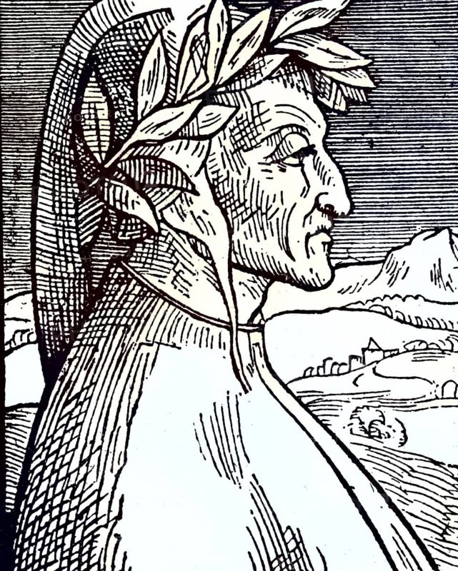 Dante Alighieri (1265-1321), Italian poet. Woodcut portrait published in 1521, probably from a miniature by Guilio Clovis, Historical, digitally restored reproduction from a 19th century original, Record date not stated
