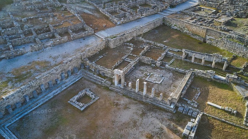 Drone shot, first morning light, Ancient ruins with columns and wall remains in an archaeological site in daylight, Kamiros, Archaeological site, Ancient city, Foundation of Doric Greeks, Rhodes, Dodecanese, Greek Islands, Greece, Europe