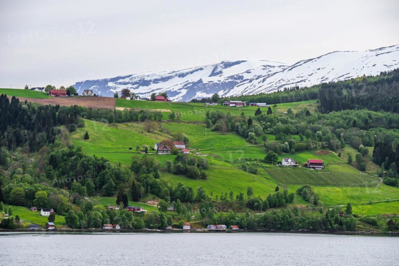 Mountains and Fjord over Norwegian Village, Olden, Innvikfjorden, Norway, Europe