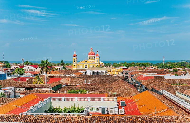 Beautiful panoramic view of the colonial cathedral of Granada from the La Merced church