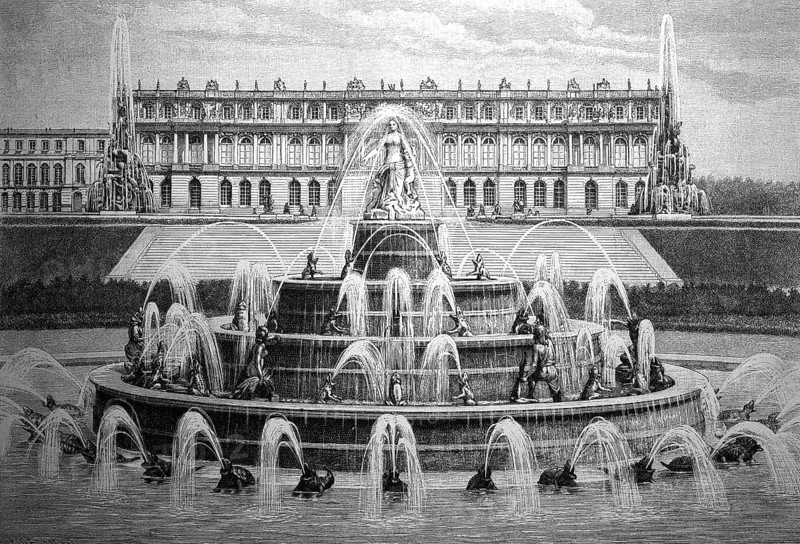 Line of sight across the Latona Fountain to the royal castle of Herrenchiemsee, Herrenwörth, Bavaria, Germany, in 1887, Historical, digital reproduction of an original from the 19th century, Europe