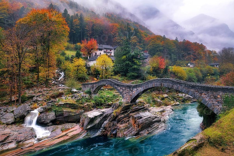 Stone bridge Ponte dei Salti near Lavertezzo on a rainy autumn day, Verzasca Valley, Canton Ticino, Switzerland, Europe