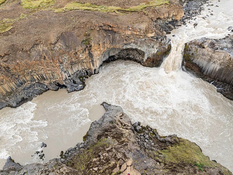 Aerial view of waterfall Aldeyarfoss, canyon of volcanic basalt columns, Iceland, Europe
