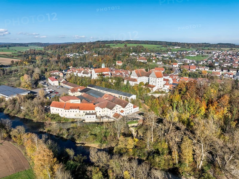 Aerial view of the village of Scheer with the residential palace and the former Kraemer paper mill, today an industrial park on the banks of the Danube, upper Danube valley, Sigmaringen district, Baden-Württemberg, Germany, Europe