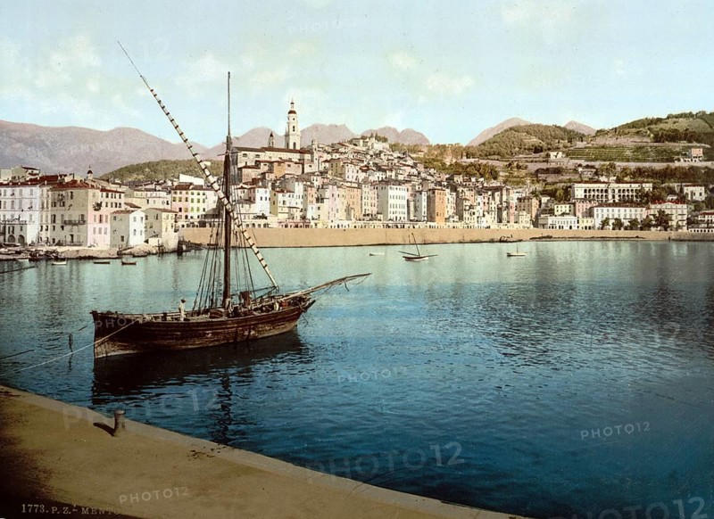 The harbour and old town of Menton on the Riviera, France, c. 1895, Historic, digitally restored reproduction from a 19th century original, Record date not stated, Europe