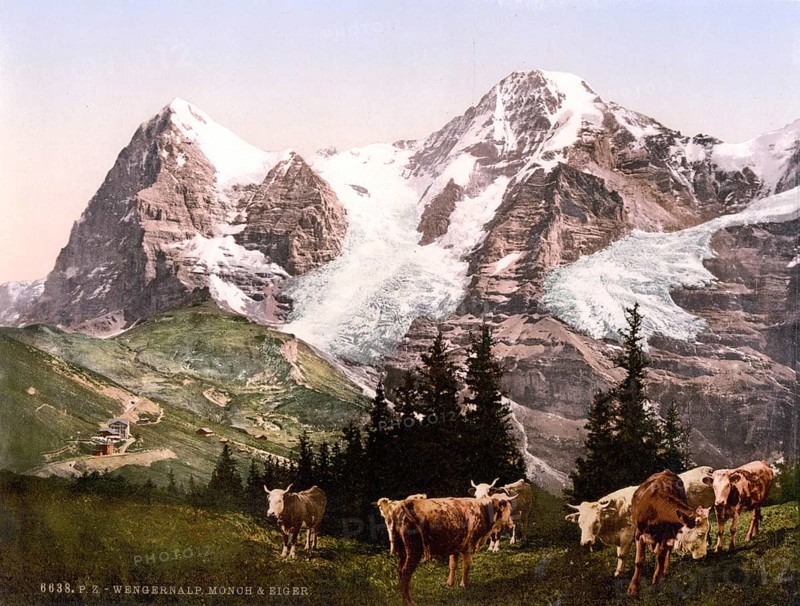 Wengern, Mönch und Eiger, Bernese Oberland, Switzerland, Historic, digitally restored reproduction from a 19th century original, Record date not stated, Monch and Eiger, Bernese Oberland, Switzerland, Historic, digitally restored reproduction from a 19th century original, Record date not stated, Europe