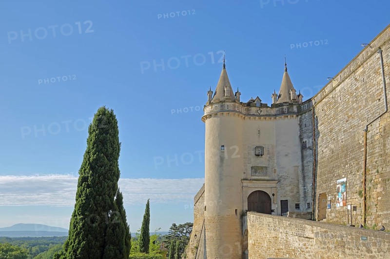 Historic twin towers with ramparts at the entrance to the castle, town fortifications, cypress, Grignan, Drôme, Tricastin, Provence, France, Europe