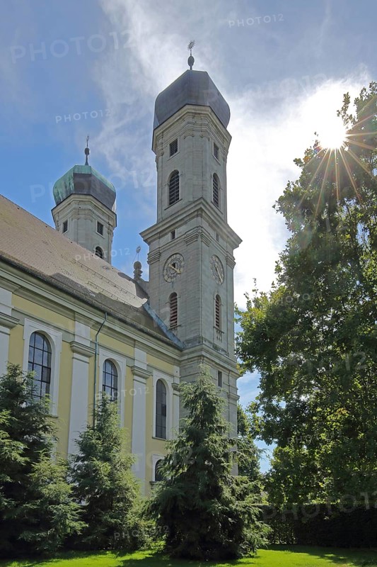 Baroque castle church backlit, Friedrichshafen, Obersee, Lake Constance, Lake Constance area, Baden-Württemberg, Germany, Europe