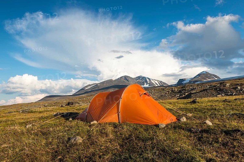 Tent in mountain landscape, Sarek National Park, World Heritage Laponia, Norrbotten, Lapland, Sweden, Sweden, Scandinavia, Europe