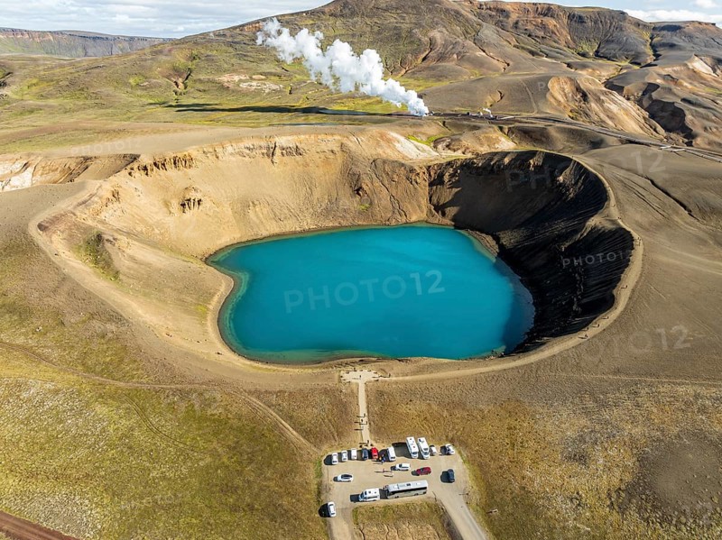 Aerial view of blue lake in the Viti volcano crater, at Krafla power plant, Myvatn region, Iceland, Europe