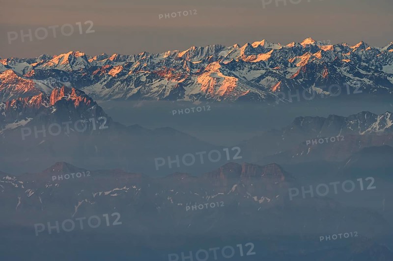 Morning haze and fog over mountain ranges, morning light, summer, Lechtal Alps, aerial view, Upper Bavaria, Germany, Europe