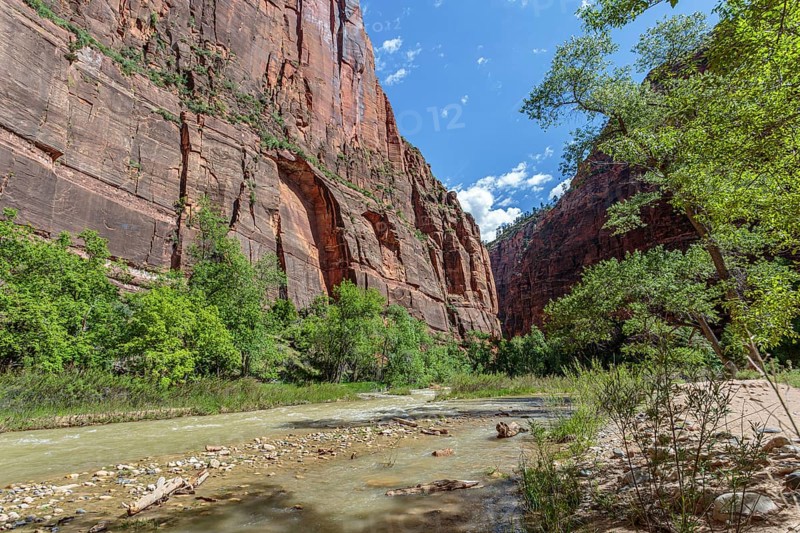 Virgin River runs between sandstone rock formations along the Riverside Walk in the Temple of Sinawava area of Zion National Park, Utah
