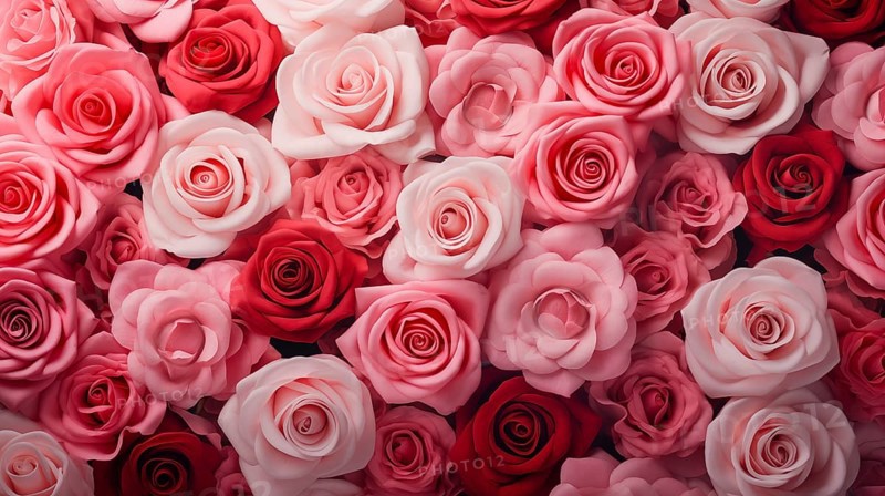 Valentine day background of close-up view of a beautiful mix of pink, red and white roses, symbolizing love and affection, perfect for Valentine's Day celebrations, AI generated
