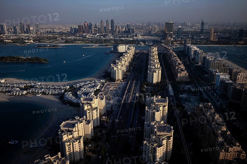 View from viewing platform The View At the Palm onto Sheikh Zayed Road, Skyline Dubai Internet City, Palm Jumeirah, Dubai, United Arab Emirates, VAR, Asia