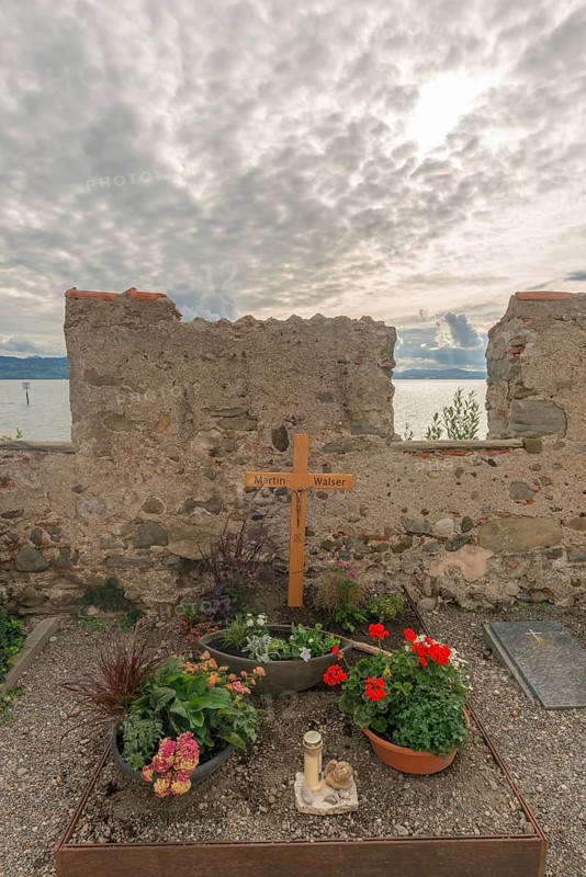Moated castle, Lake Constance, church cemetery, St. George's Church, gravesite, Martin Walser, writer, flowers, Bavaria, Germany, Europe
