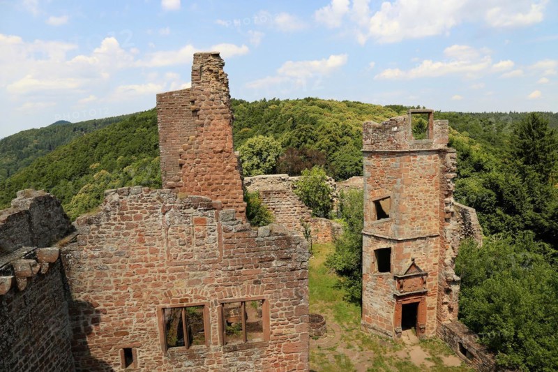 Madenburg Castle above Eschbach in summer. It is considered one of the most beautiful castle ruins in the Palatinate Forest