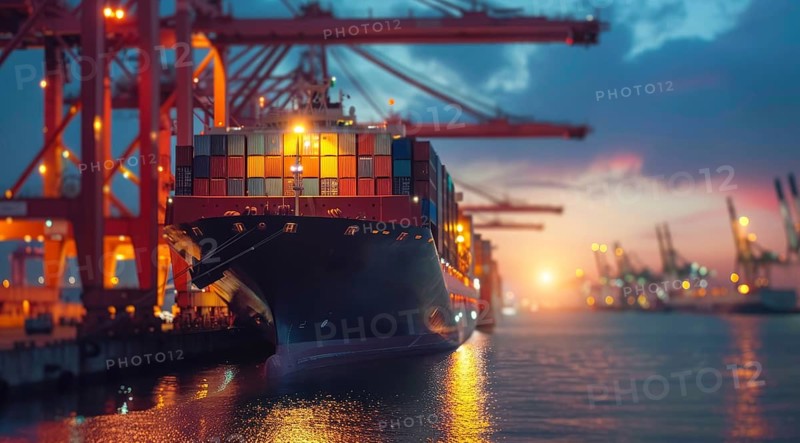 International container cargo ships docked in port near warehouse storage and cranes, AI generated