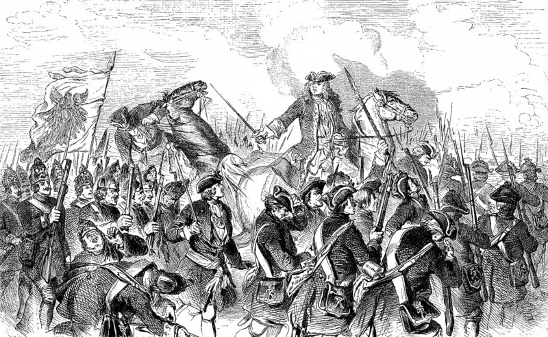 Crown Prince Frederick William at the Battle of Malplaquet in 1709, Belgium, War of the Spanish Succession, horsemen, soldiers, flag, rifles, Prussian history, historical illustration 1882, Europe