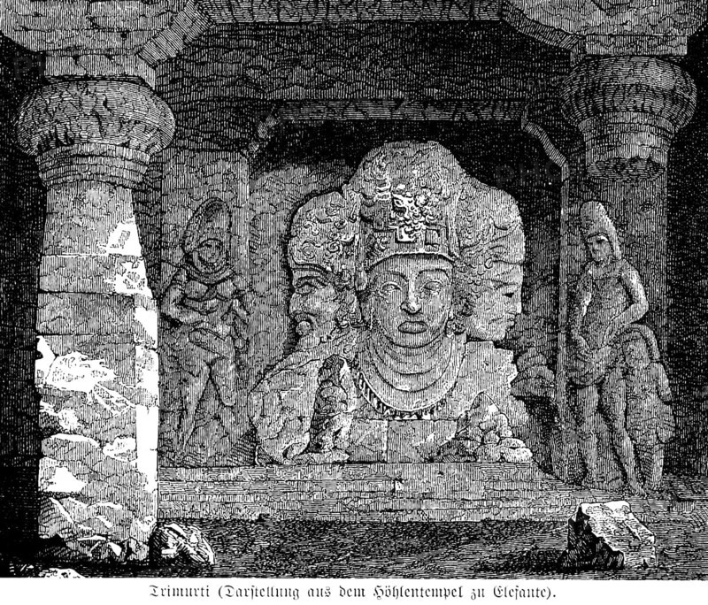Trimurti, depiction from the cave temple, Elephanta Island, dedicated to God Shiva, grotto, Mumbai, India, historical illustration 1880, Asia
