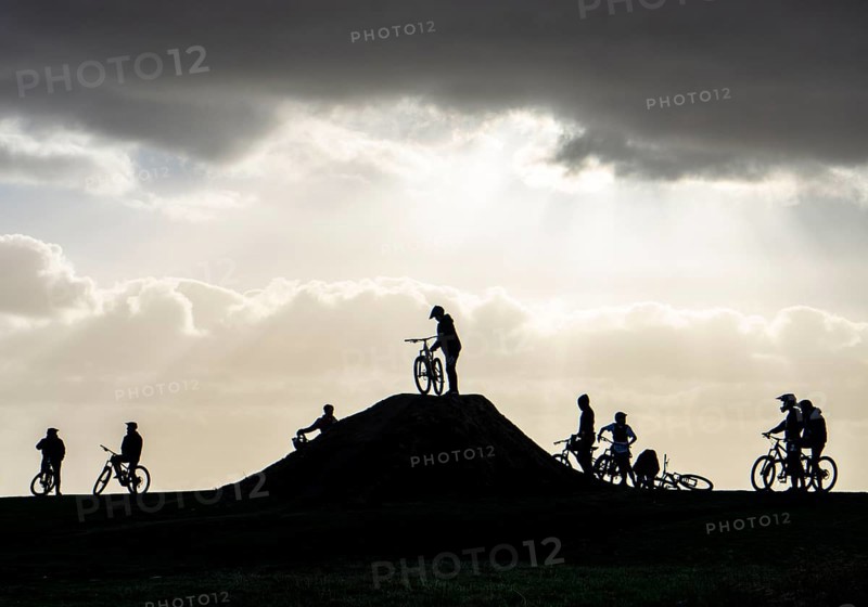 Mountain bike trail with jumps, downhill trail, on the Norddeutschland spoil tip in Neukirchen-Vluyn, a mining spoil tip, now a landscape park, North Rhine-Westphalia, Germany, Europe