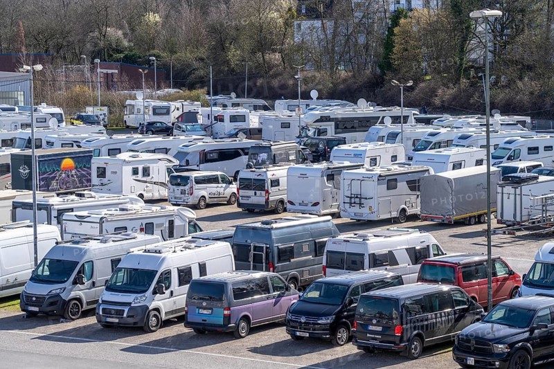 Motorhomes, parking, overnight stay at the P2 car park during the Reise + Camping trade fair in Essen, North Rhine-Westphalia, Germany, Europe