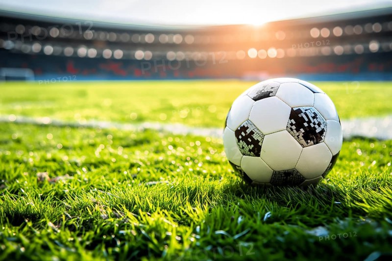 A soccer ball on a green field in soccer football stadium in evening on sunset with floodlights lights, AI generated