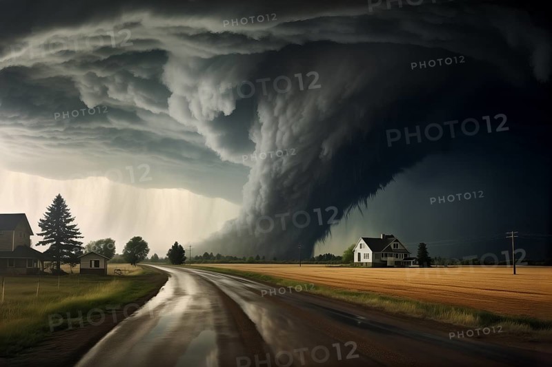 Disaster catastrophe storm concept, tornado in a field in the USA with wooden house and road under stormy dark sky, AI generated