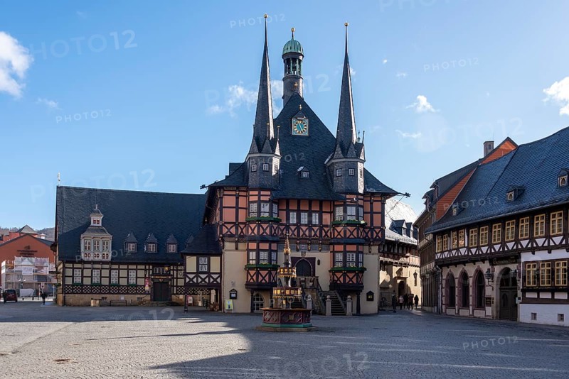 Historic town hall with neo-Gothic benefactor fountain in Wernigerode, Saxony-Anhalt, Germany, Europe