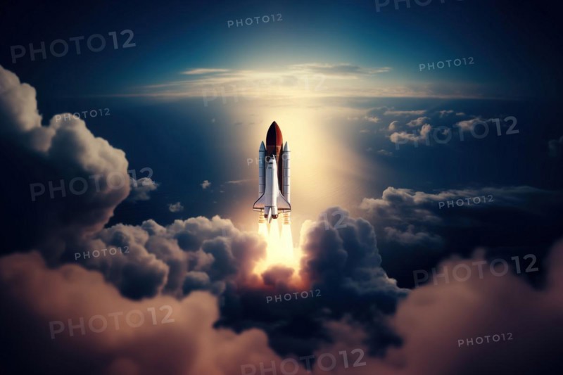 Aerial view of a rocket shuttle carrier launch at sunrise over an ocean coast. The rocket is blasting off with a trail of smoke and flames behind it, AI generated