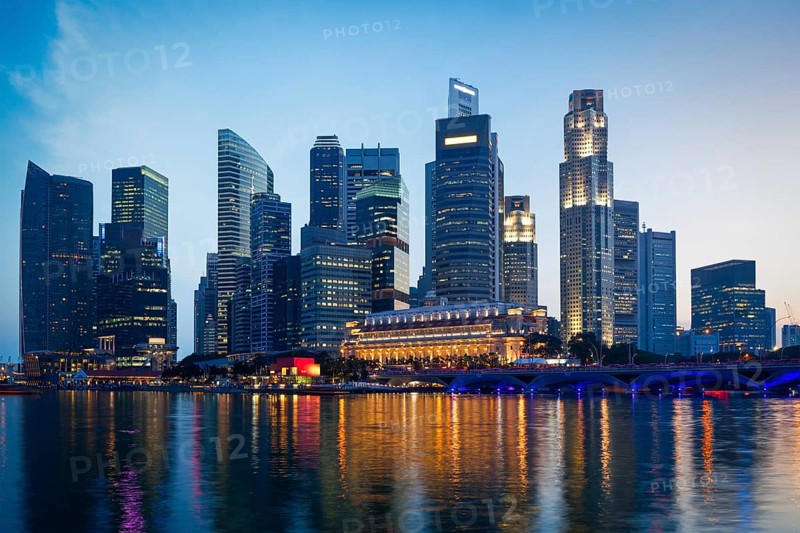 Singapore skyline and Marina Bay in evening