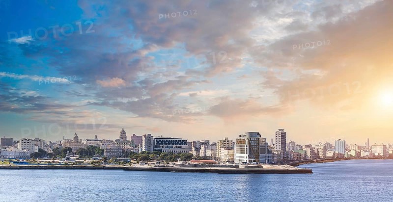 Panoramic aerial view of an Old Havana, Old Havana streets and Havana Bay in historic city center of Havana Vieja near Paseo El Prado and Malecon