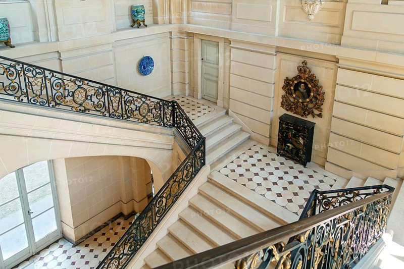 Stone staircase at Château de Bel?il, Baroque moated castle in Beloeil and residence of the princes of Ligne, province of Hainaut, Wallonia, Belgium, Europe