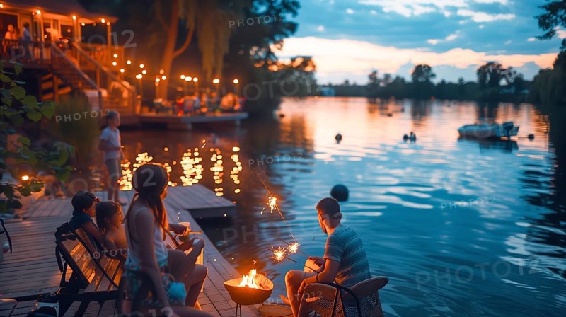 Families enjoing the holiday with outdoor fun and sparklers. generative AI, AI generated