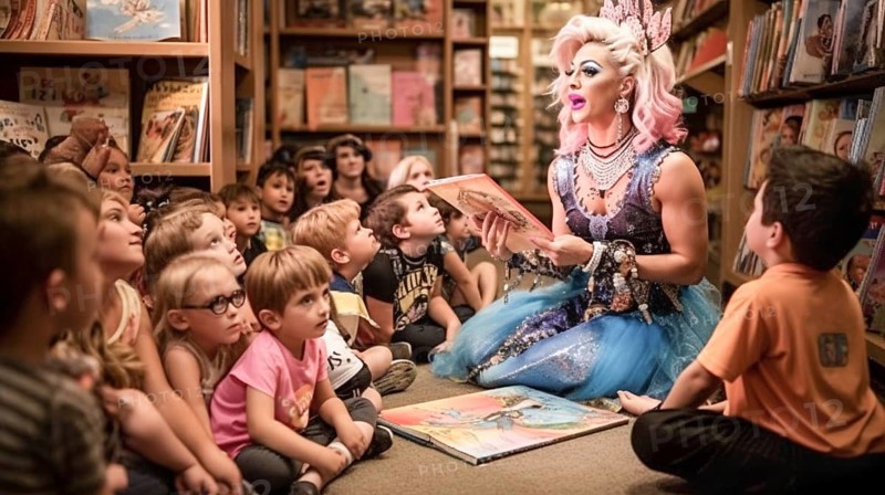 Drag queen reading A book to several young children in a bookstore, AI generated
