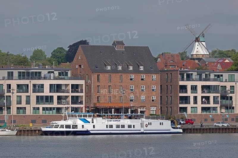View of the harbour from the garden of the youth hostel, excursion boat, houses, Amanda windmill, Kappeln, Schlei, Schleswig-Holstein, Germany, Europe