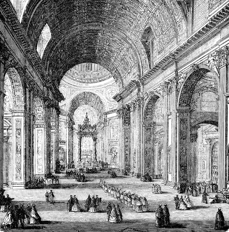 Basilica di San Pietro, St Peter's Basilica, St Peter's Basilica in Rome, Vatican, late Renaissance, Vatican, altar, interior, spiritual procedure, visitor, vault, ornamentation, Italy, historical illustration 1880, Europe