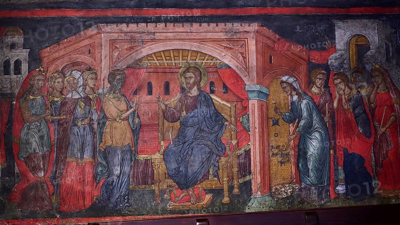 Religious fresco depicting Jesus and other figures in a biblical scene, Inside the monastery, Agiou Theologou Monastery, Chora, Patmos, Dodecanese, Greek Islands, Greece, Europe