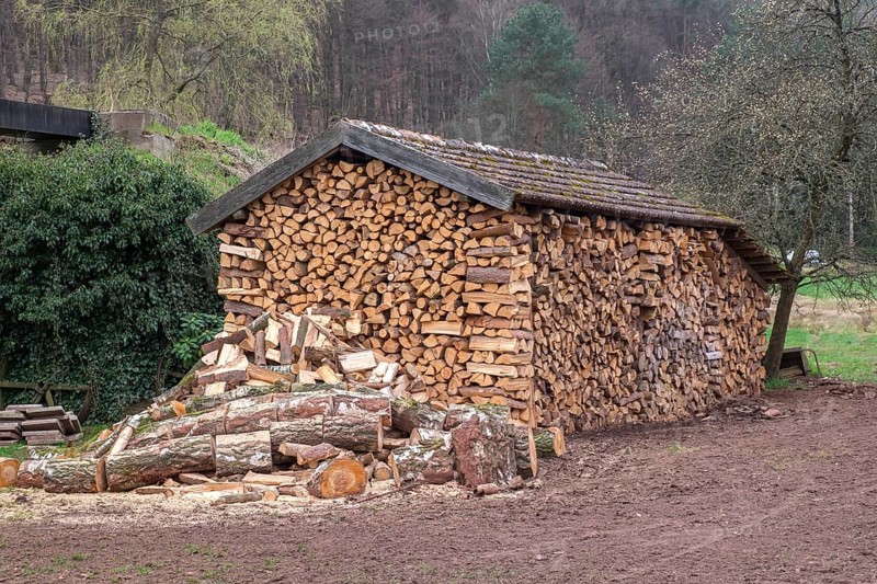 Neatly stacked firewood drying in a roofed, open shed, Palatinate, Rhineland-Palatinate, Germany, Europe