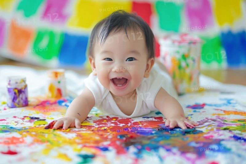 Creative asian child having fun drawing and playing with colors and painting brushes, AI generated