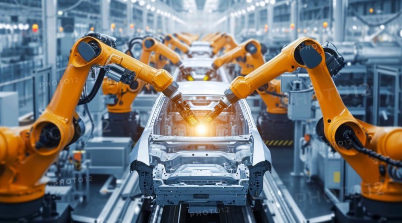Car factory conveyor belt assemblance line production with robots and artificial intelligence, AI generated