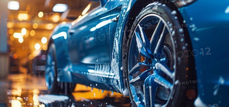 Carwash detailing, polishing and cleaning in automotive service maintenance station, AI generated